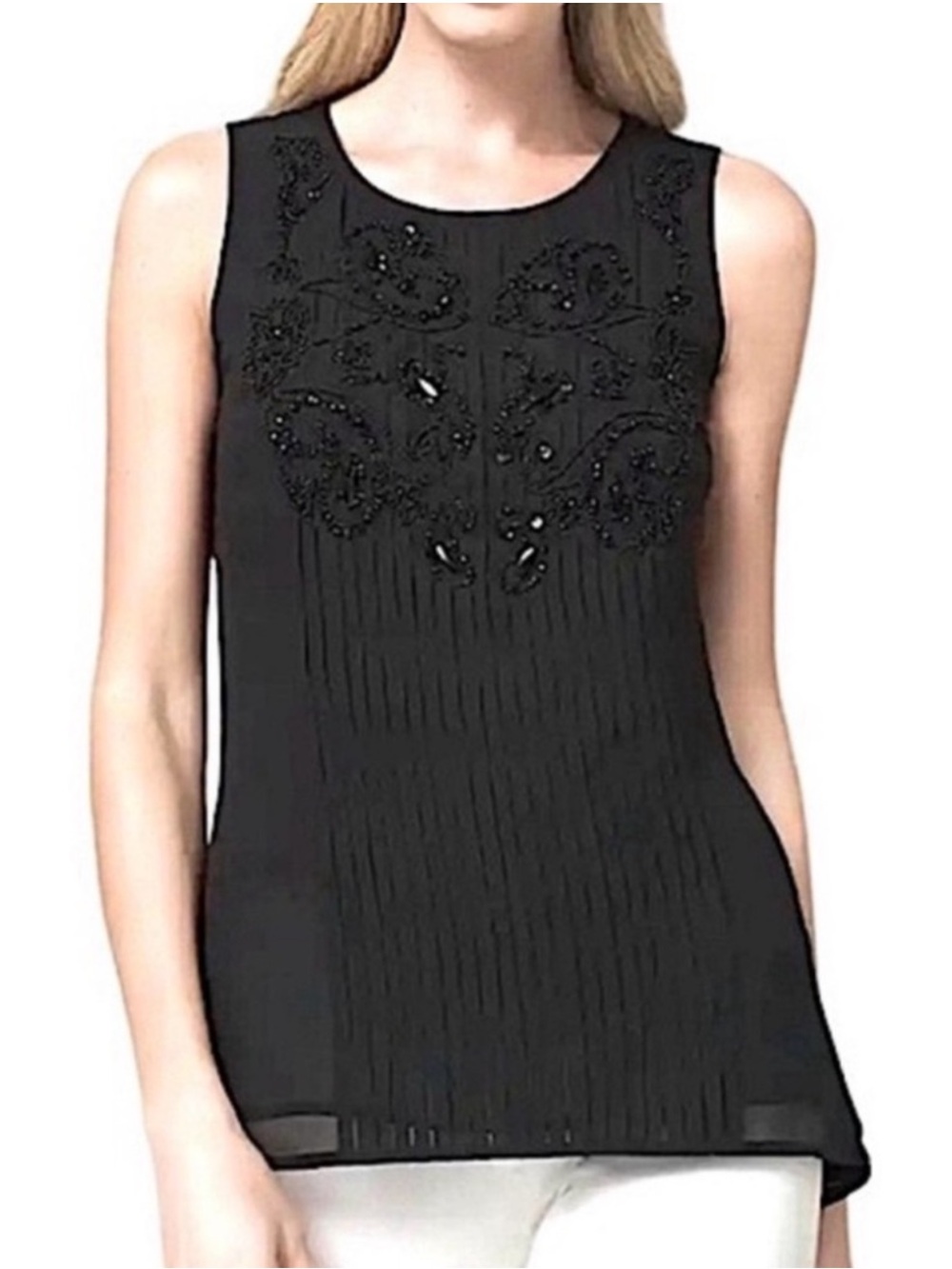 WHBM Sleeveless Blouse Embellished Shell Tuxedo Pleat Front Black Size 12